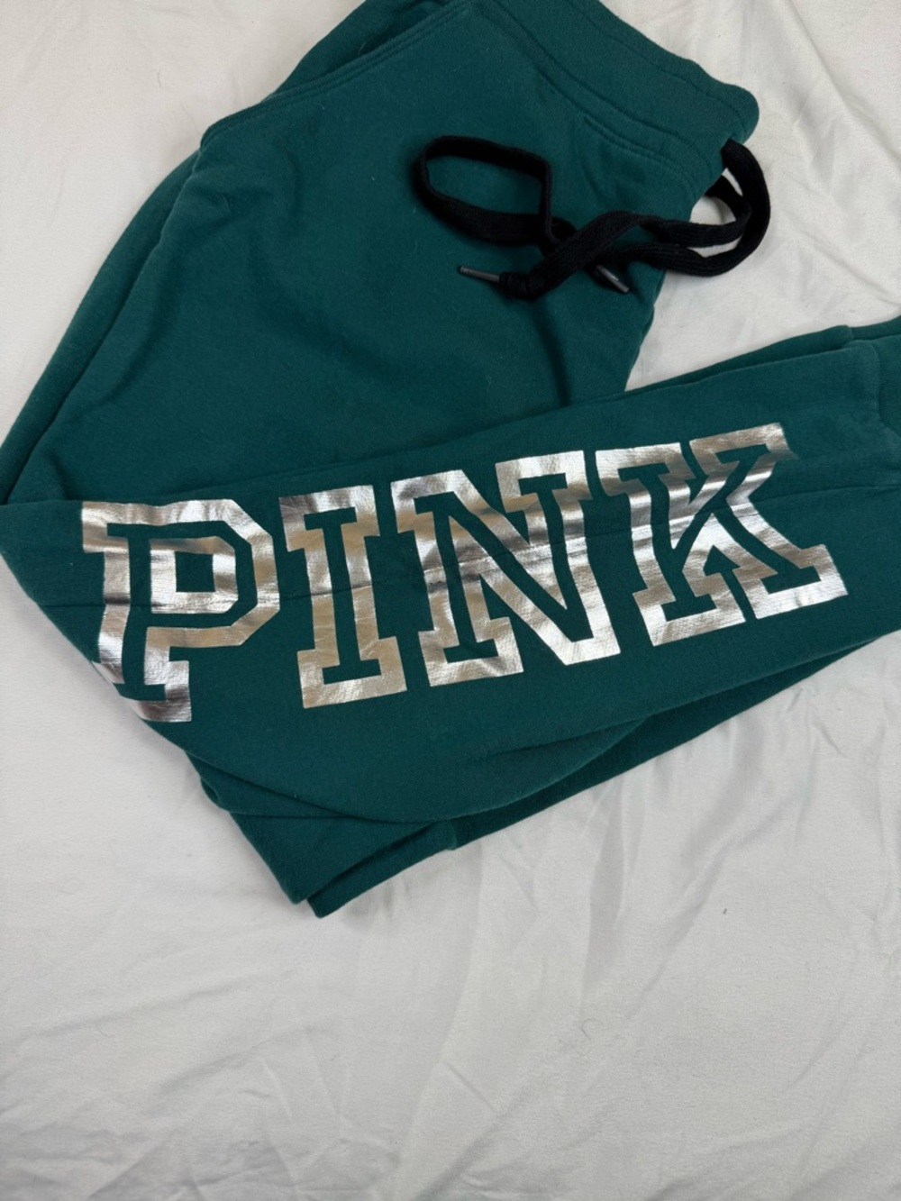 PINK Victoria’s Secret Sweatpants Green Silver Logo Joggers Womens S